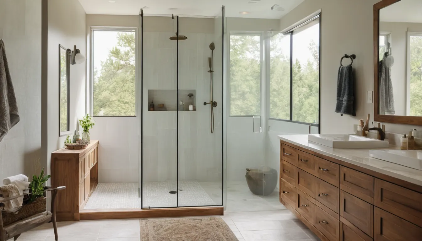 A bright, updated bathroom with a walk-in shower in a home in Akron